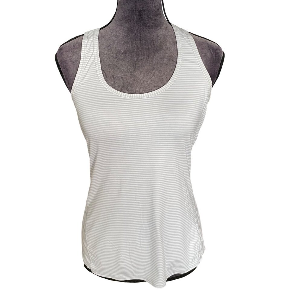 Athleta Small White & Gray Striped Racerback Tank Top 87% Polyester 13% Spandex